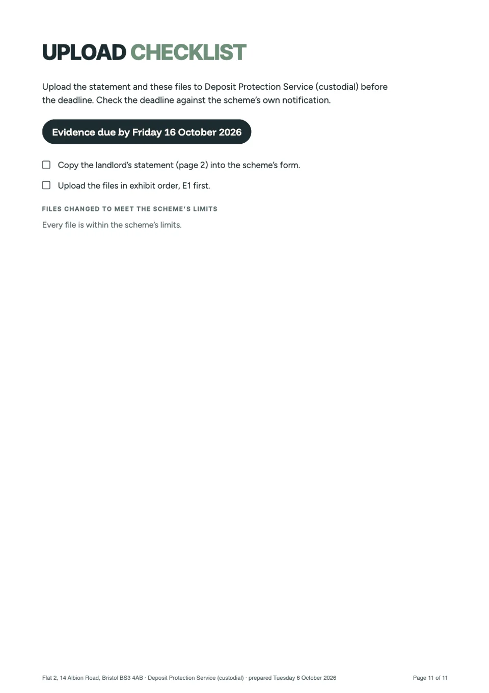 The upload checklist, with the evidence deadline, Friday 16 October 2026, at the top.