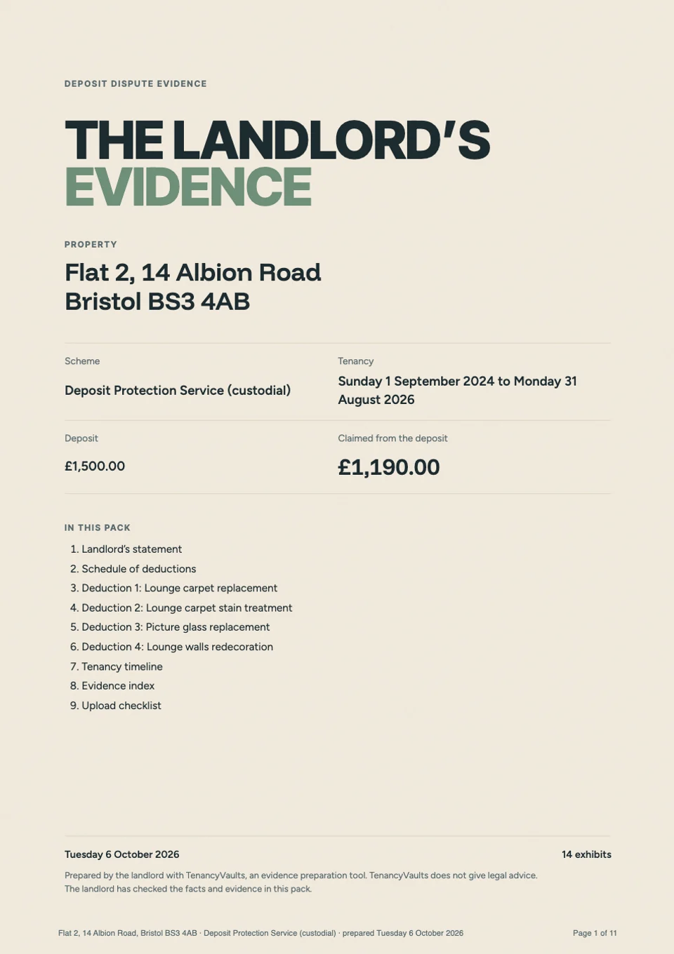 The cover of an evidence pack for Flat 2, 14 Albion Road: Deposit Protection Service, £1,190 claimed, 14 exhibits.