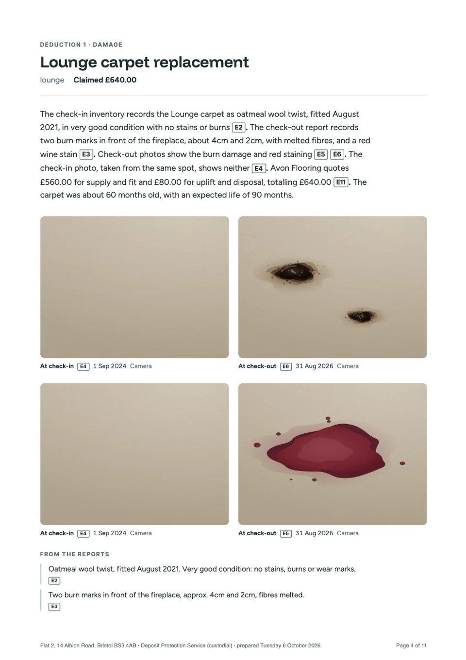 A deduction page for the lounge carpet: check-in photos of clean carpet beside check-out photos of burn marks and a wine stain.