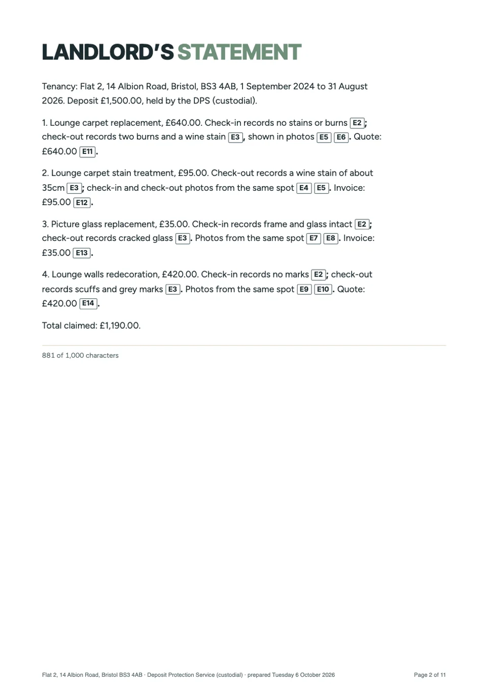 The landlord’s statement page: four numbered deductions, an exhibit number after each fact, and the character count against the scheme’s limit.